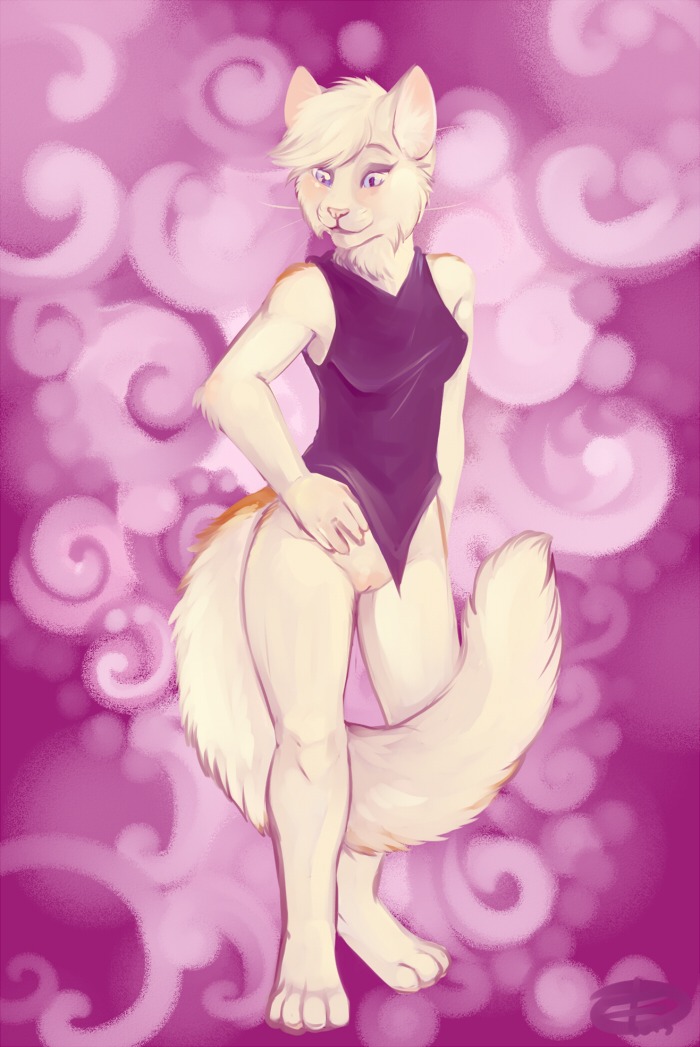 abstract_background anthro barely_visible_genitalia biped bottomless clothed clothing domestic_cat e621 felid feline felis female fur genitals mammal miyabita_cheetah simple_background skimpy solo standing vulva whiskers white_body white_fur