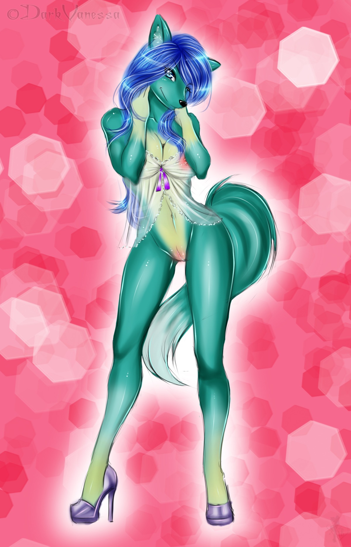 absurd_res anthro babydoll biped blue_eyes blue_hair breasts canid canine canis clothing dark_vanessa e621 female footwear fur genitals green_body green_fur hair hi_res high_heels lilith_(maxiscore) lingerie mammal nightgown nipples ribbons shoes solo tail undead vampire vulva wolf