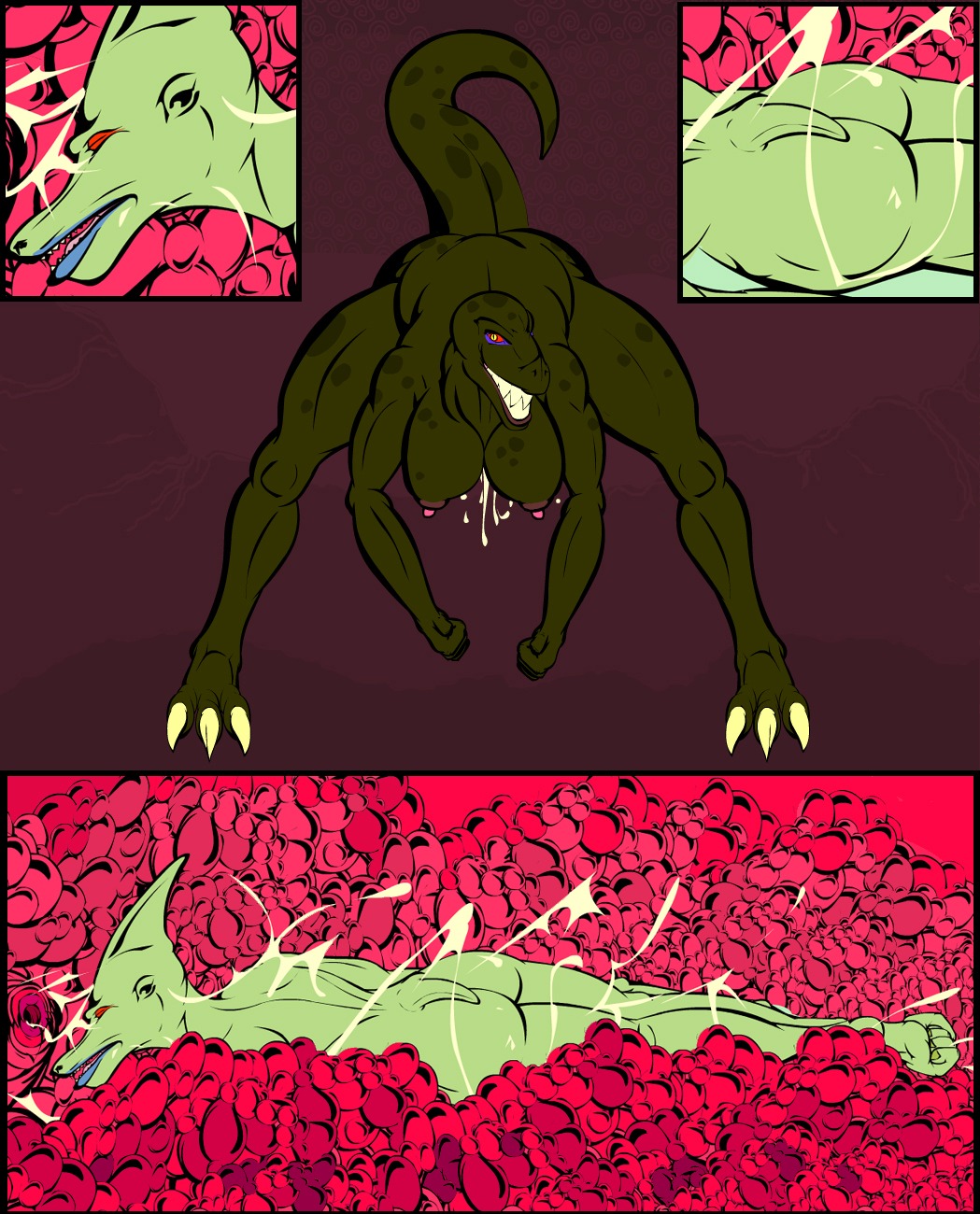 anthro bent_over bodily_fluids body_inside_body breasts butt cervix cutaway dinosaur duo e621 featherscale female female/female genital_fluids head_first hi_res internal internal_vaginal muscular nipples non-mammal_breasts non-mammal_nipples open_mouth prehistoric_species reptile scalie sharp_teeth size_difference spots tail teeth unbirthing vaginal vaginal_fluid_string vaginal_fluids vore