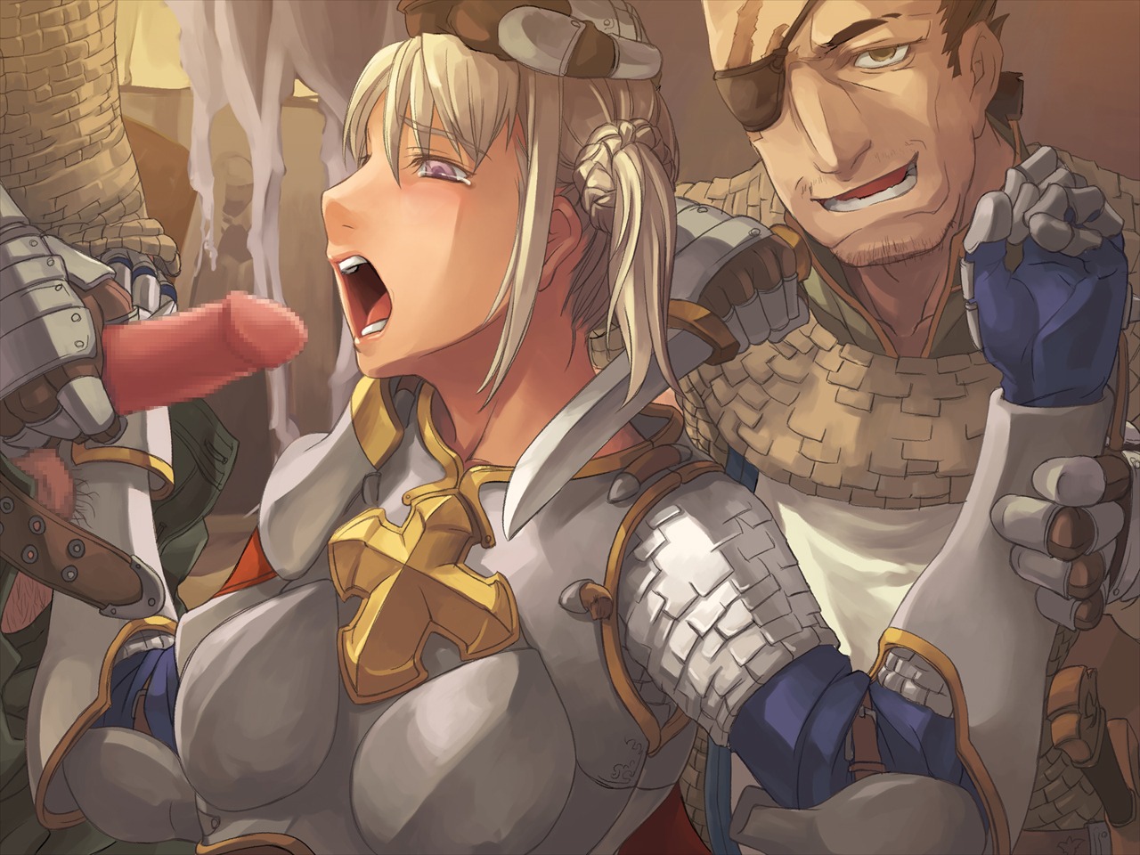1girls armor blonde_hair breastplate breasts censored clothing eye_patch eyepatch female hand_on_another's_head long_hair lord_knight moonshell ragnarok_online rule34 small_breasts tagme