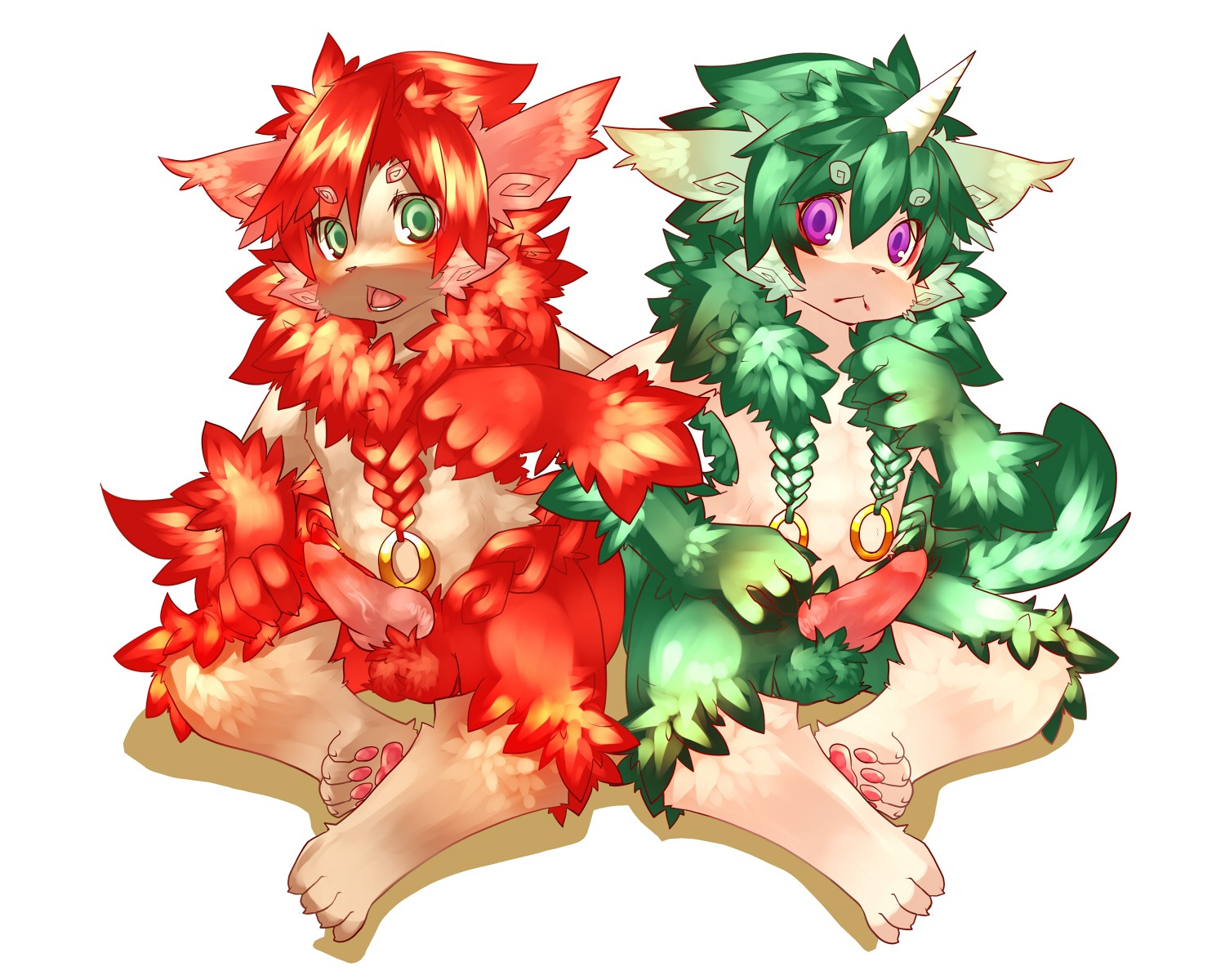 5:4 anthro asian_mythology balls canid canine duo e621 east_asian_mythology erection foo_dog genitals green_eyes hi_res horn japanese_mythology jewelry komainu kosian male male/male mammal mythology nipples nude penis purple_eyes simple_background sitting white_background yokai