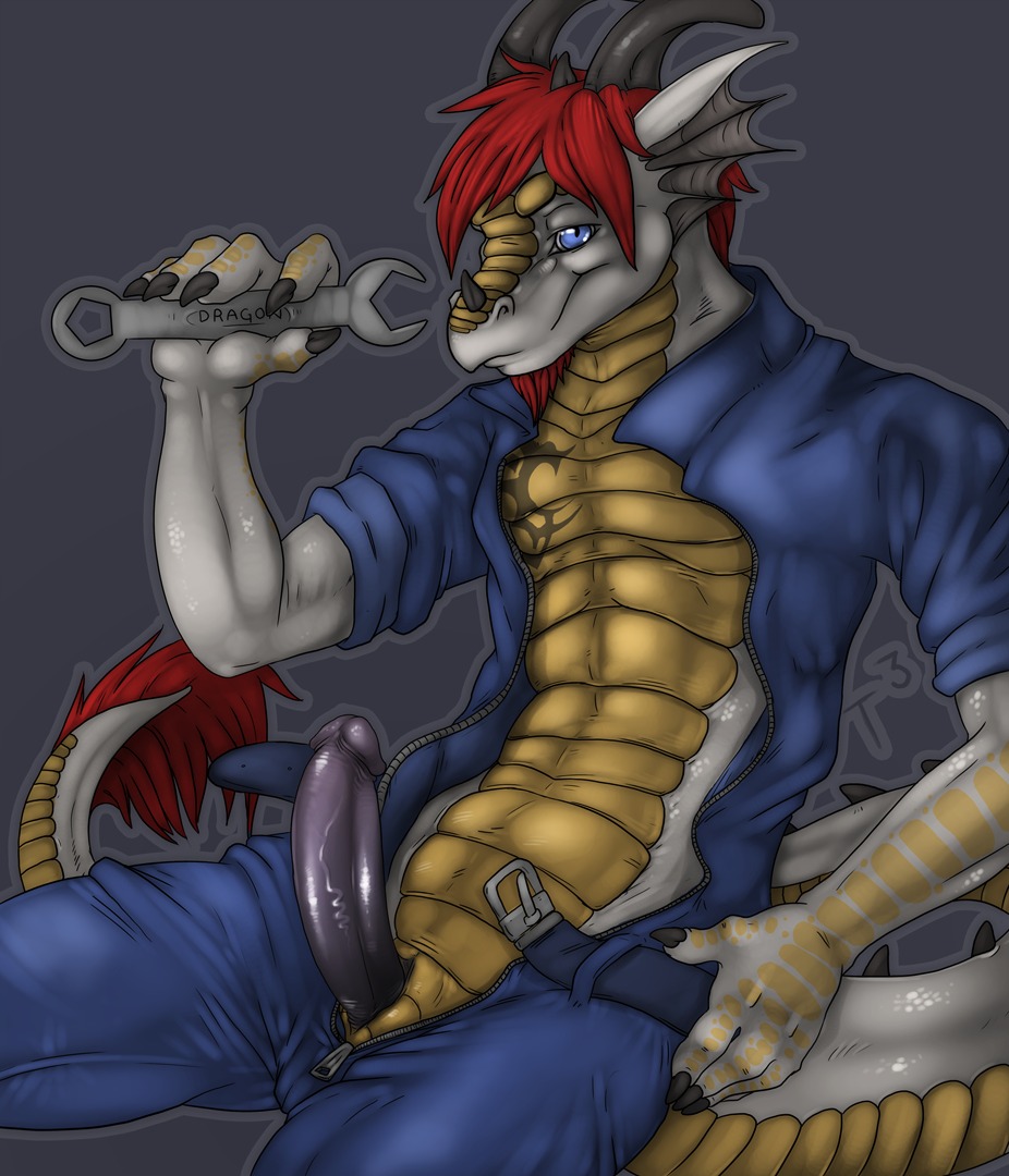 2010 5_fingers animal_genitalia anthro belt biped blue_eyes bottomwear claws clothed clothing conditional_dnp coveralls digital_media_(artwork) dragon dragonmassiel e621 erection fingers genital_slit genitals hair holding_object holding_tool horn humanoid_genitalia humanoid_penis humanoid_penis_in_slit hybrid_genitalia jumpsuit looking_at_viewer male mechanic mythological_creature mythological_scalie mythology open_bottomwear open_clothing open_coveralls open_pants open_shirt open_topwear pants partially_clothed penis purple_penis red_hair scalie shirt simple_background sitting solo tail tail_tuft tattoo thick_tail tojo_the_thief tools topwear tuft undressing unzipped vein wrench zipper