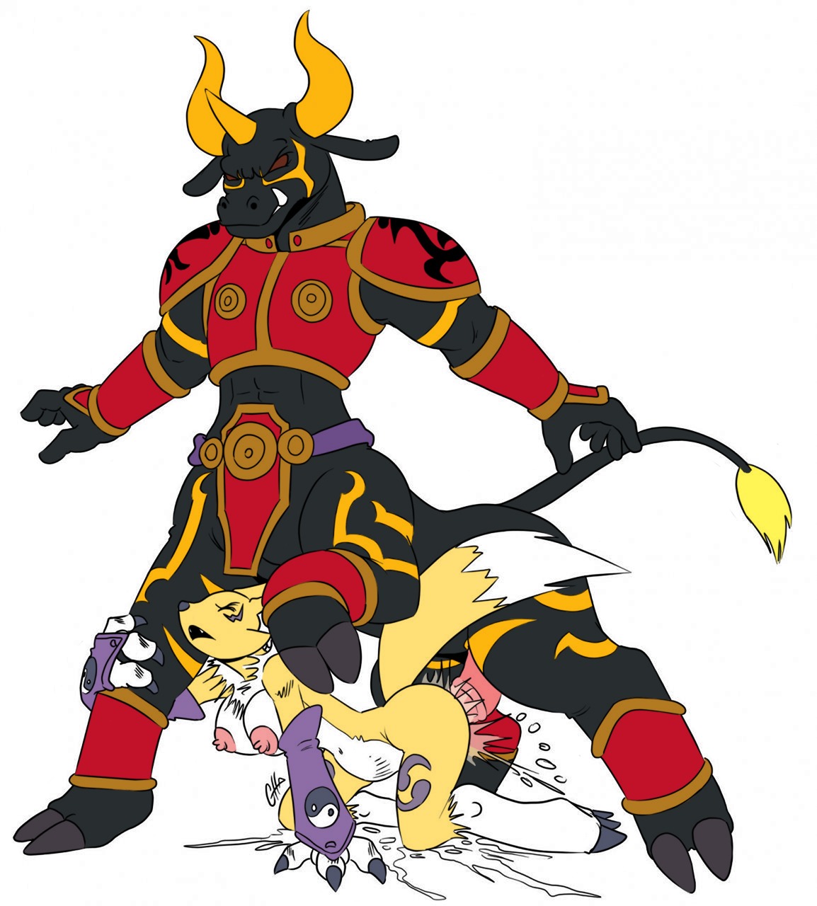 1boy 1girls anthro armor bovine breasts canine centaur chacomics cum cum_inside digimon female fox furry hands-free interspecies male minotaur renamon rule34 sex size_difference stomach_bulge straight tattoo taur tauren vajramon