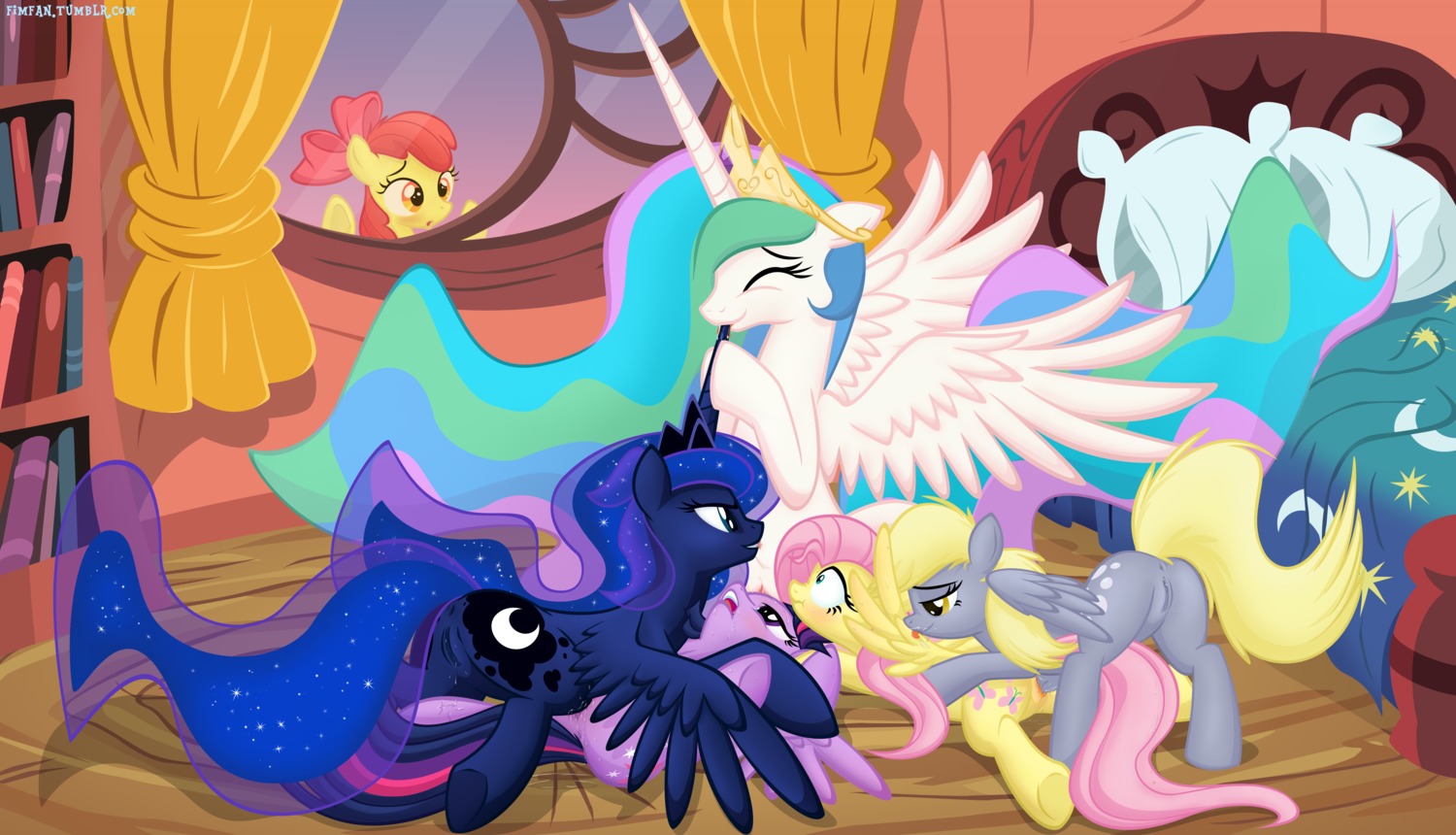absurd_res apple_bloom_(mlp) bed bodily_fluids cutie_mark derpy_hooves_(mlp) e621 earth_pony equid equine feathered_wings feathers female female/female feral fluttershy_(mlp) friendship_is_magic fur furniture genital_fluids genitals group group_sex hair hasbro hi_res horn horn_fetish horn_penetration horn_play horn_sex hornjob horse junglepony looking_at_another mammal multicolored_hair my_little_pony mythological_creature mythological_equine mythology orgy peeping pegasus penetration pony princess princess_celestia_(mlp) princess_luna_(mlp) purple_body purple_fur purple_hair quadruped royalty sex size_difference sweat tail teats twilight_sparkle_(mlp) two_tone_hair vaginal vaginal_fluids vaginal_penetration vulva winged_unicorn wings yellow_body yellow_feathers young young_feral
