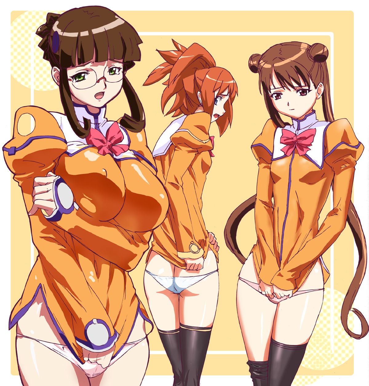 3girls alpa arisa_glennorth female female_only fujisawa_yayoi glasses highres katase_shima lux multiple_females multiple_girls no_pants no_skirt panties rule34 thighhighs uchuu_no_stellvia underwear