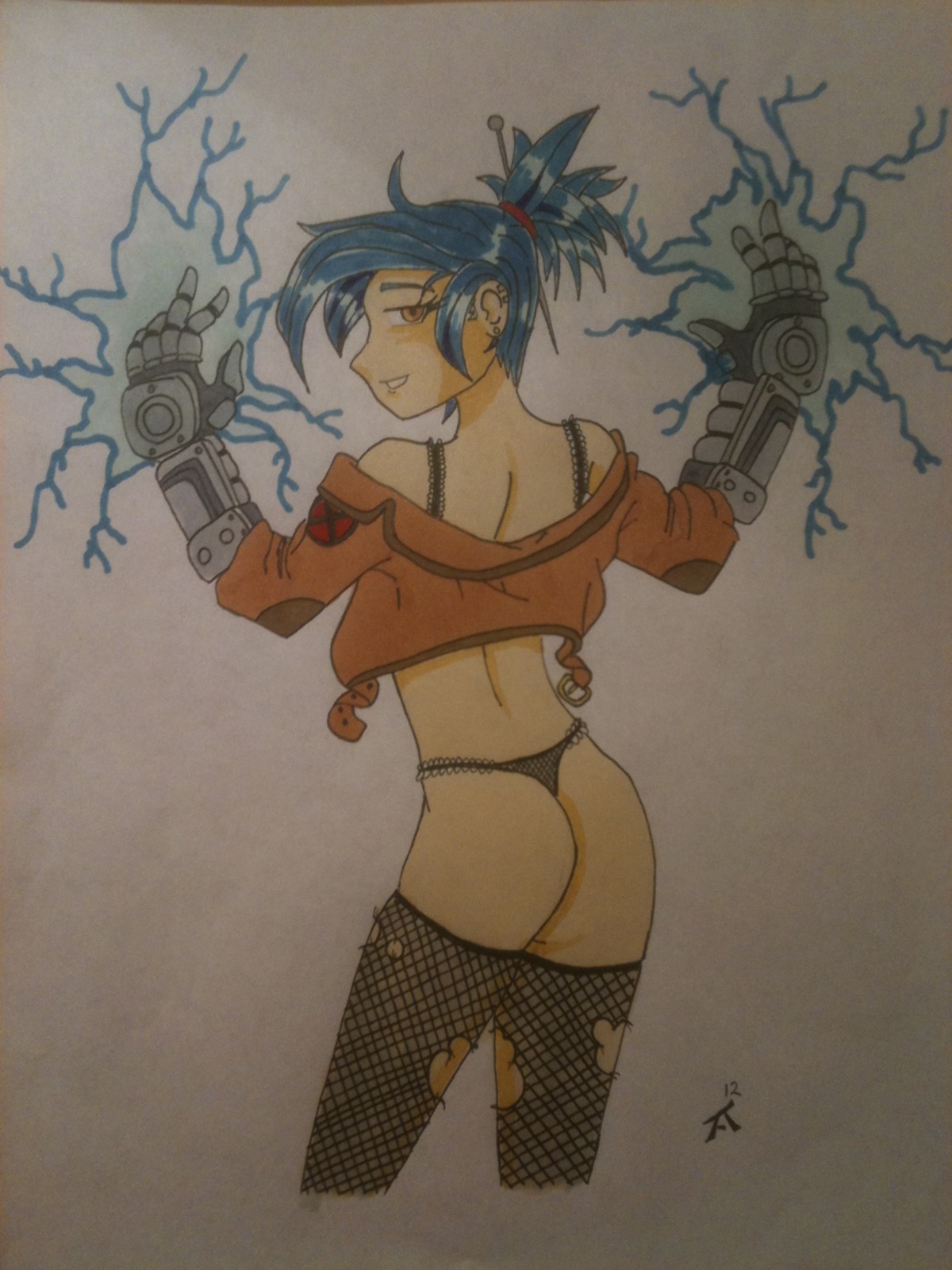 asian ass black_panties electricity female fishnets gauntlets looking_at_viewer marvel marvel_comics new_x-men noriko_ashida rule34 smile surge_(x-men) thighhighs thong traditional_media_(artwork) x-men