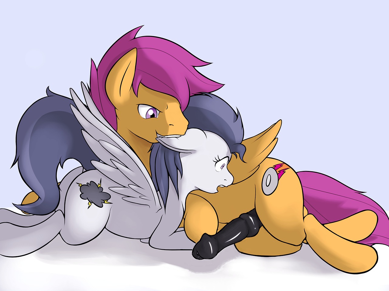 2014 4:3 animal_genitalia animal_penis bite bodily_fluids butt crossgender cutie_mark duo e621 ear_bite equid equine equine_genitalia equine_penis erection feathered_wings feathers female feral friendship_is_magic fur genital_fluids genitals grey_background grey_body grey_feathers grey_fur hair hasbro looking_down lying male male/female mammal multicolored_hair my_little_pony mythological_creature mythological_equine mythology on_side open_mouth orange_body orange_feathers orange_fur pegasus penis precum purple_eyes purple_hair rumble_(mlp) scootaloo_(mlp) shocked simple_background surprised teeth third-party_edit two_tone_hair vein vulapa wings