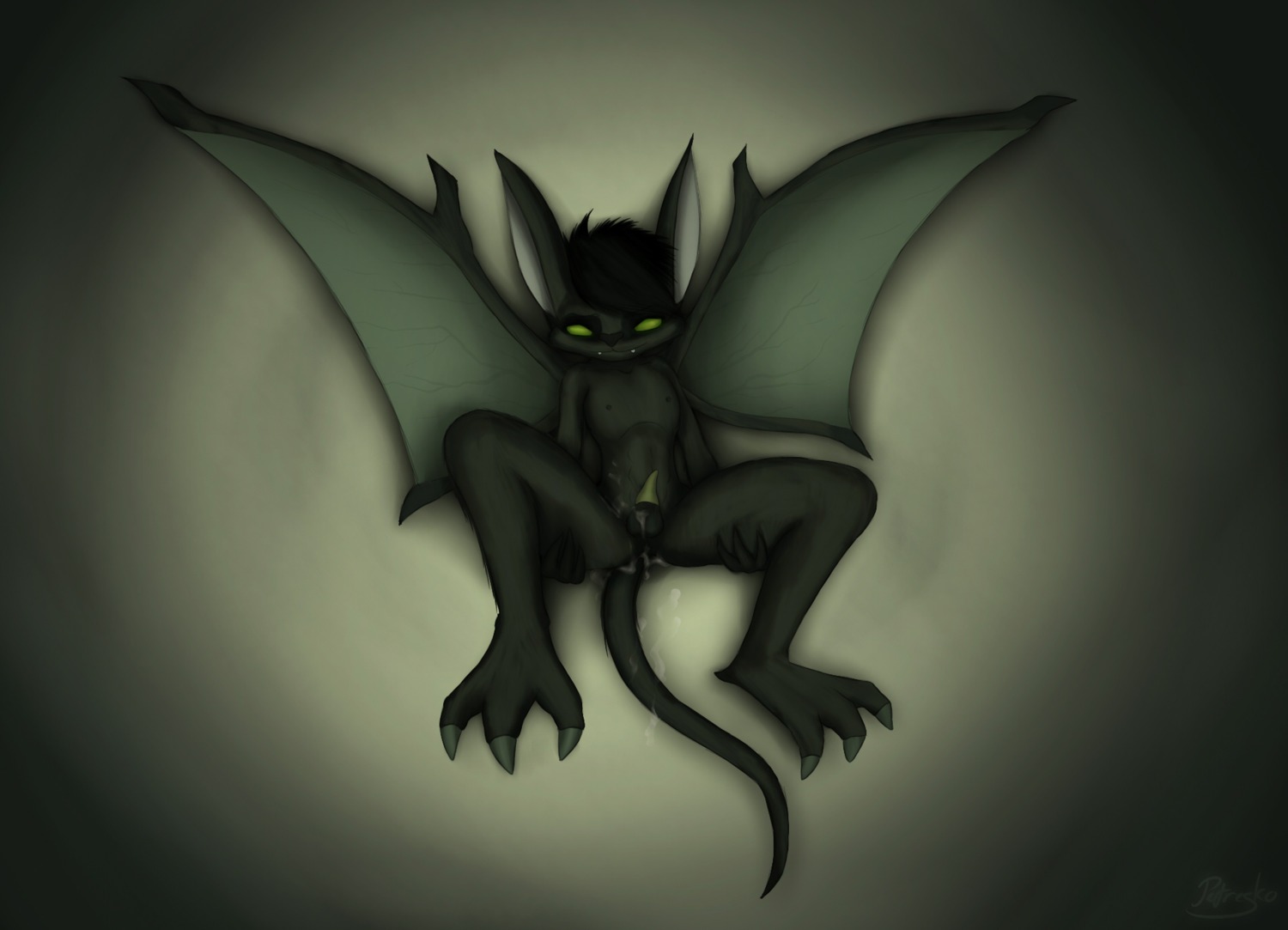 3_toes 4_fingers after_sex anthro anus balls bat bodily_fluids cum cum_covered cum_on_anus cum_on_balls cum_on_belly cum_on_body demon e621 excessive_cum excessive_genital_fluids feet fingers genital_fluids genitals hi_res long_tail looking_at_viewer male mammal membrane_(anatomy) membranous_wings messy penis petresko pose presenting smile solo spread_legs spreading tail teeth toes wings