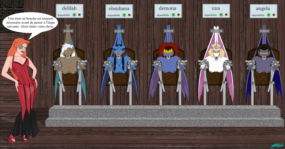 angela_(gargoyles) bdsm blindfold bondage bound breasts delilah_(gargoyles) demona_(gargoyles) dialogue disney dominant e621 fab3716 female fox_xanatos_(gargoyles) french_text gag gagged gargoyle gargoyles group human humanoid irl_trace latex mammal multiple_subs not_furry obsidiana open_mouth open_mouth_gag public_use ring_gag sex_box text through_wall translated una_(gargoyles)