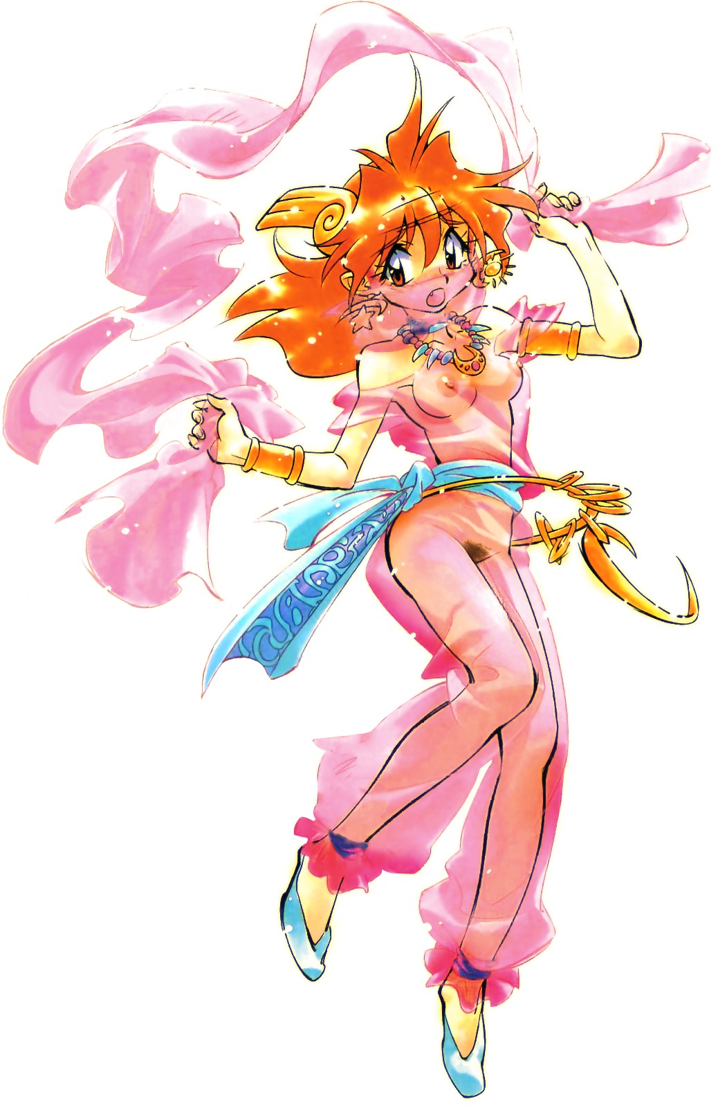 arabian_clothes belt blush bracelet breasts cute_fang dancer dancing earrings female female_only hair_ornament harem_outfit highres jewelry leg_lift legs lina_inverse necklace nipples open_mouth orange_hair pubic_hair red_eyes red_hair ribbon rule34 sarong see-through shoes slayers solo star white_background
