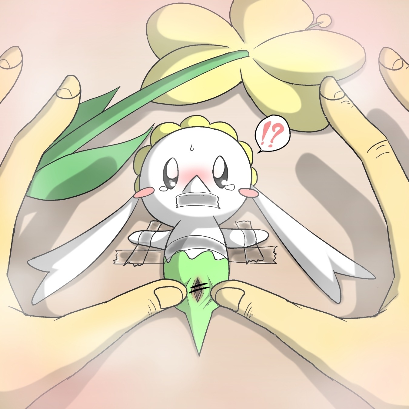 1:1 24651 bdsm blush bodily_fluids bondage bound bound_midriff censored disembodied_hand duo e621 exclamation_point extreme_size_difference female flabebe flower forced gag gagged generation_6_pokemon genitals hi_res human interrobang interspecies looking_at_viewer mammal micro nintendo plant pokemon pokemon_(species) pokephilia question_mark restrained size_difference smaller_female spread_vulva spreading tape tape_bondage tape_gag taped_arms taped_midriff tears vulva yellow_flower_flabebe