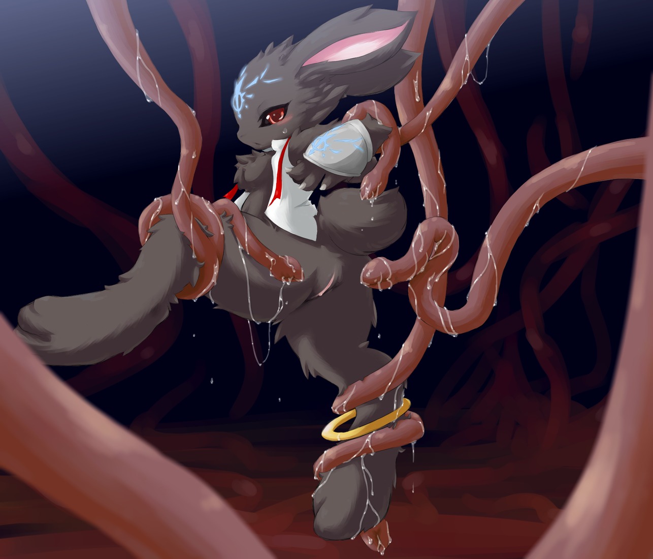 2010 anthro black_body black_fur blush breasts chipar e621 female fur genitals imminent_rape imminent_sex imminent_tentacle_rape kemono lagomorph leporid long_ears mammal rabbit red_eyes short_tail slime small_breasts solo tail tentacles vulva young