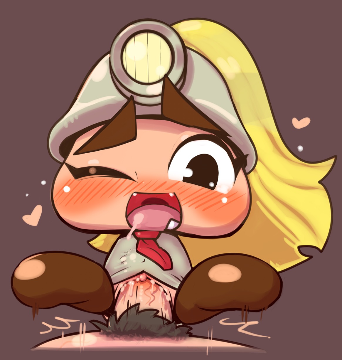 armor blonde_hair blush bodily_fluids clitoris clothing duo e621 fangs female first_person_view genitals goomba goombella hair hat headgear headwear heart_symbol helmet hi_res human interspecies mammal mario_bros nintendo not_furry one_eye_closed open_mouth paper_mario ponytail pubes saliva sarikyou sex size_difference solo_focus teeth vaginal vulva