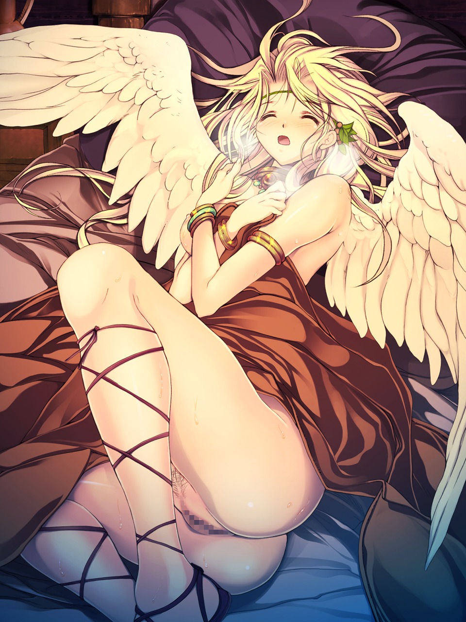 angel_wings ankle_lace-up armlet ass bed bed_sheet blonde_hair blush bracelet breath censored closed_eyes covering cross-laced_footwear crossed_arms earrings female fingernails head_wreath highres jewelry long_hair lying mosaic mosaic_censoring necklace nipples nude_cover on_back open_mouth original pillow pubic_hair pussy ribbon rule34 sandals sheets shijimi_(osumashi) shoes solo sweat vagina wings