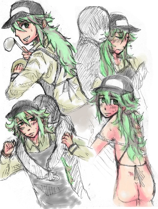 blush green_eyes green_hair hat human male male_only multiple_males natural_harmonia_gropius pokemon rule34 white_background yaoi
