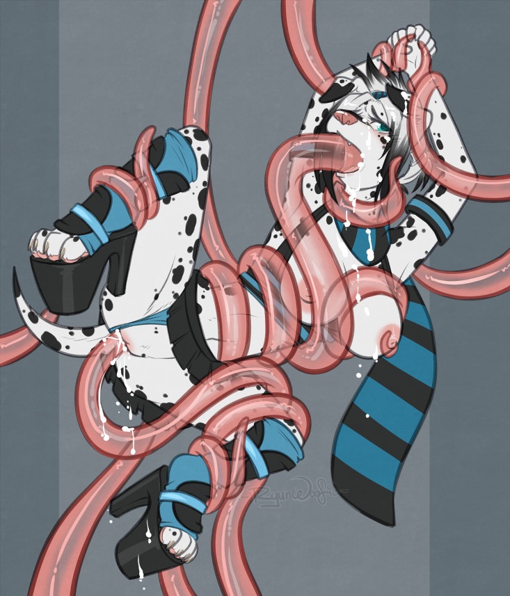 anthro biped black_body black_fur black_spots blue_eyes bodily_fluids bottomwear breasts canid canine canis clothed clothing clothing_aside cum cum_in_mouth cum_in_vagina cum_inside dalmatian domestic_dog e621 female footwear fur genital_fluids genitals hands_above_head high_heeled_sandals high_heels kara_resch mammal markings mule_heels nipples oral oral_penetration panties panties_aside penetration pink_tentacles platform_footwear platform_heels restrained ryunwoofie sandals scarf shoes skimpy skirt solo spots spotted_body spotted_fur stripes tail tentacle_in_mouth tentacle_penetration tentacles translucent translucent_tentacles underwear underwear_aside vaginal vaginal_penetration vulva white_body white_fur