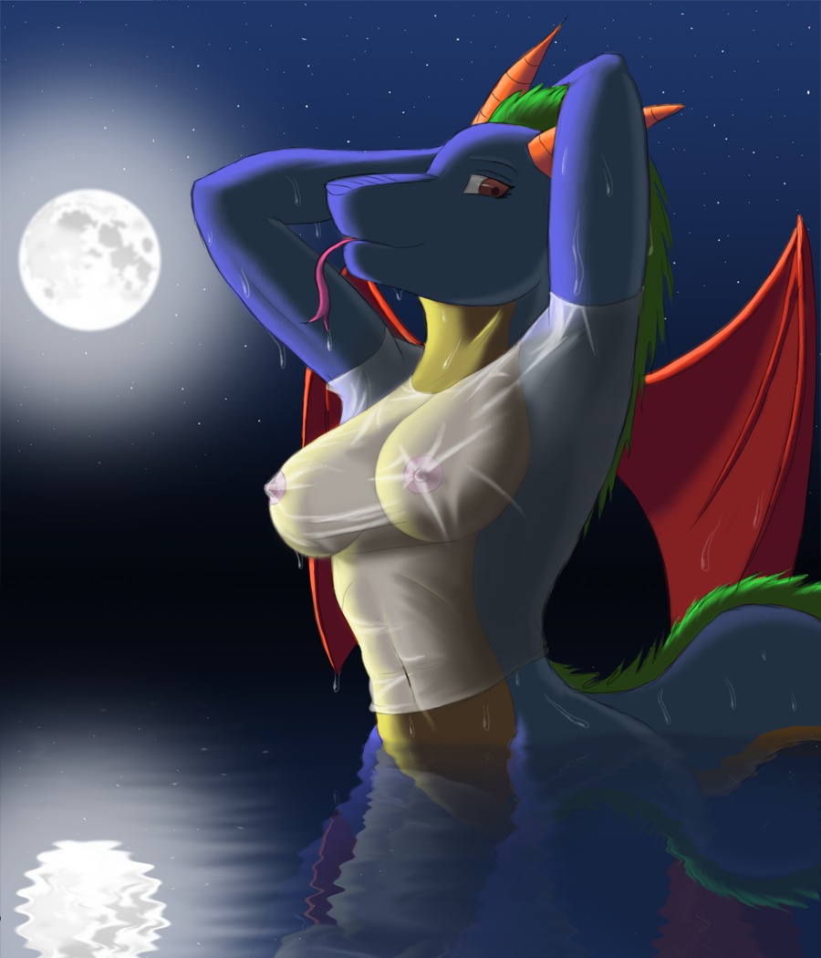 anthro breasts clothed clothing dragon e621 female horn looking_at_viewer membrane_(anatomy) membranous_wings mythological_creature mythological_scalie mythology nipple_outline non-mammal_breasts scalie skimpy solo tail tongue translucent translucent_clothing volkcreed water wet wings