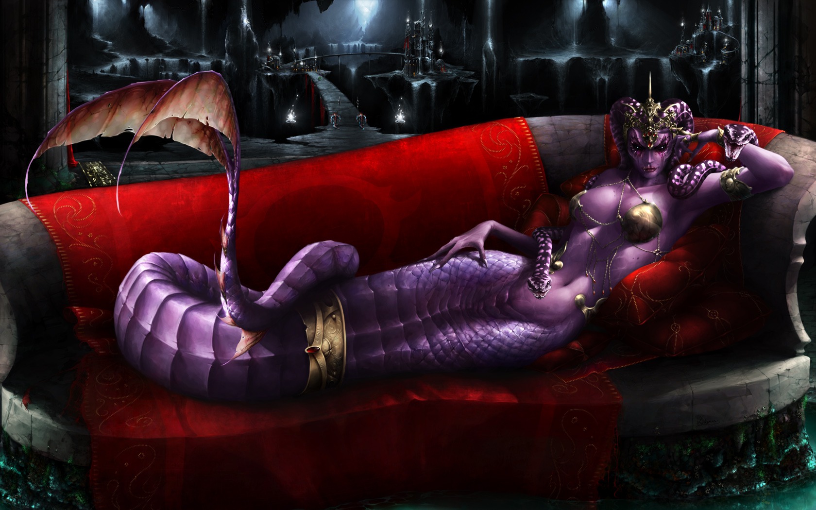 1girls anthro blizzard_entertainment clothed clothed_female detailed_background digital_painting_(artwork) female female_only hand_on_hip krysdecker laying_on_side leaning_on_elbow living_hair looking_at_viewer monster_girl naga nazjatar pepperwolf purple_skin queen_azshara reclining red_pillow ruins rule34 scales skimpy skimpy_clothes solo solo_focus warcraft world_of_warcraft