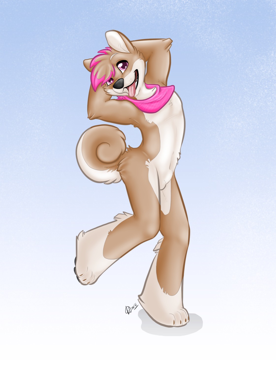 2014 animal_genitalia anthro brown_body brown_fur brown_hair canid canine canis clothing domestic_dog e621 fully_sheathed fur genitals hair hands_behind_head hi_res kerchief kwik_(artist) male mammal nude pink_hair pose sheath solo tongue tongue_out