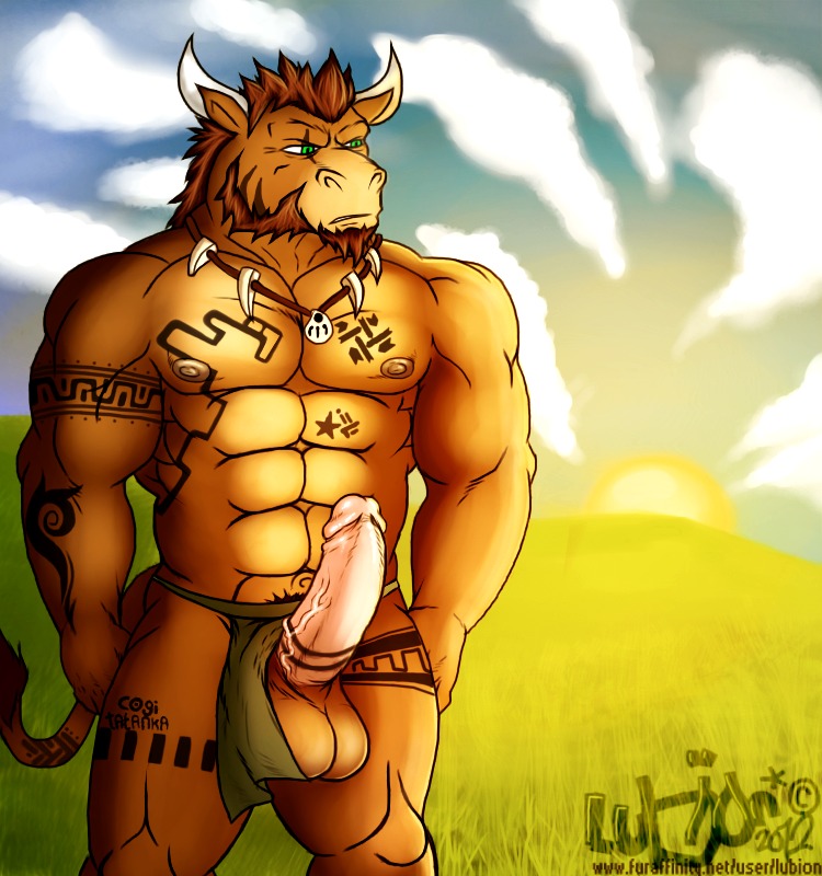 abs anthro athletic balls biceps big_muscles big_penis biped blizzard_entertainment bottomwear bottomwear_aside bovid bovine brown_hair clothed clothing clothing_aside e621 erection facial_hair field foreskin fur genitals grass green_eyes hair humanoid_genitalia humanoid_penis jewelry loincloth loincloth_aside lubion male mammal muscular muscular_anthro muscular_male necklace nipples outside pecs penis plant pose retracted_foreskin scar solo standing tail tattoo tauren topless tribal underwear vein warcraft
