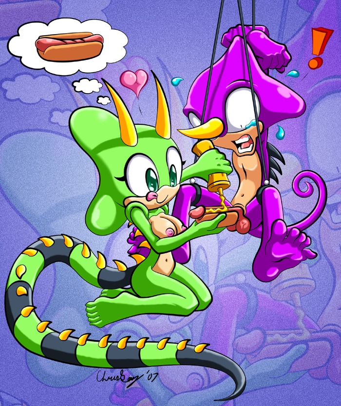 anthro balls bdsm bondage bound breasts canon_x_oc captricosakara chameleon danger dark_humor duo e621 emerald_the_iguana erection espio_the_chameleon exclamation_point fan_character female food food_fetish food_play genitals green_body heart_symbol hot_dog humanoid_genitalia humanoid_penis humor iguana iguanid lizard male meller's_chameleon mustard navel nipples non-mammal_breasts non-mammal_nipples nude o_0 penis penis_hot_dog pronounced_browridge purple_body reptile scalie sega sonic_the_hedgehog_(series) tail tongue uhoh what