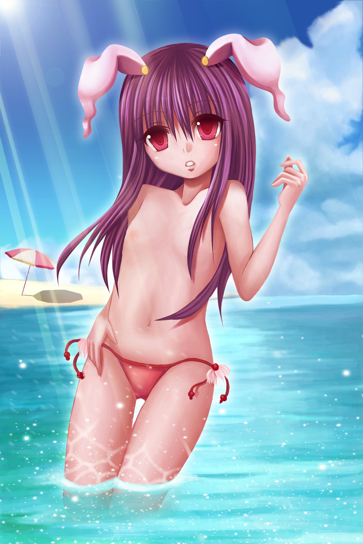 1girls animal_ear bikini bunny_ear female flat_chest high_res highres kemonomimi long_hair mizugi nonoko nude pettanko purple_hair reisen_udongein_inaba rule34 solo swimsuit topless touhou usamimi yuuka_nonoko