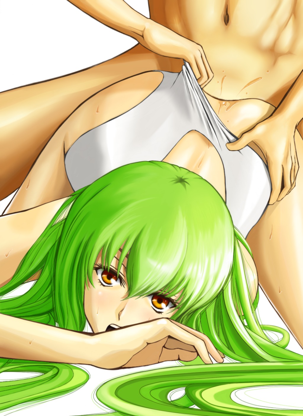 1boy ass ass_grab c.c. clothed_sex clothes_aside code_geass doggy_style female from_behind green_hair highres hyper_heiki kururugi_suzaku long_hair male open_mouth pussy rule34 sex straight sweat swimsuit_aside thighs top-down_bottom-up vaginal_penetration yellow_eyes
