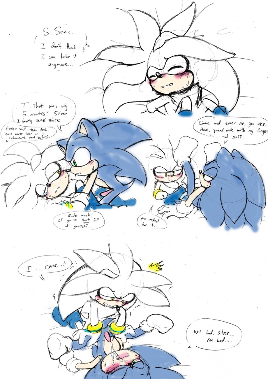 anthro blue_body blue_fur blue_hair blush bodily_fluids chest_tuft clothing cum cum_inside cum_on_belly cum_on_body cum_on_face dialogue dominant dominant_male duo e621 english_text erection eulipotyphlan footwear fur genital_fluids genitals gloves green_eyes hair handwear hedgehog hi_res male male/male mammal orgasm penis sega silver_the_hedgehog socks sonic_the_hedgehog sonic_the_hedgehog_(series) sweat tapering_penis text tuft unknown_artist white_hair yellow_eyes