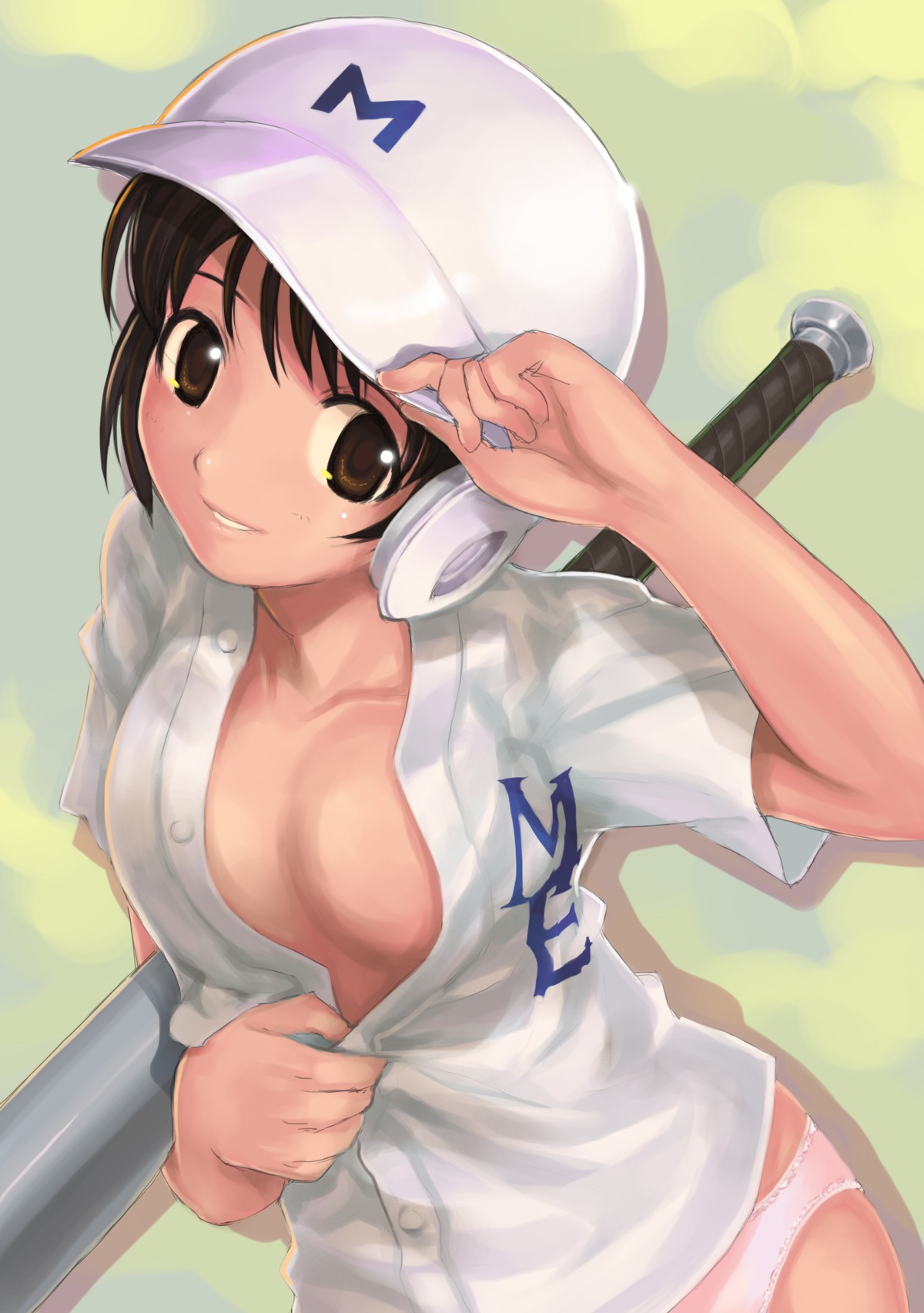 1girls baseball baseball_bat baseball_helmet blouse breasts brown_eyes brown_hair cleavage female helmet high_resolution major_(series) mikazuki_akira no_bra no_pants open_clothes open_shirt panties pink_panties rule34 shimizu_kaoru shirt short_hair sketch smile solo standing trimoon unbuttoned underwear undressing white_panties