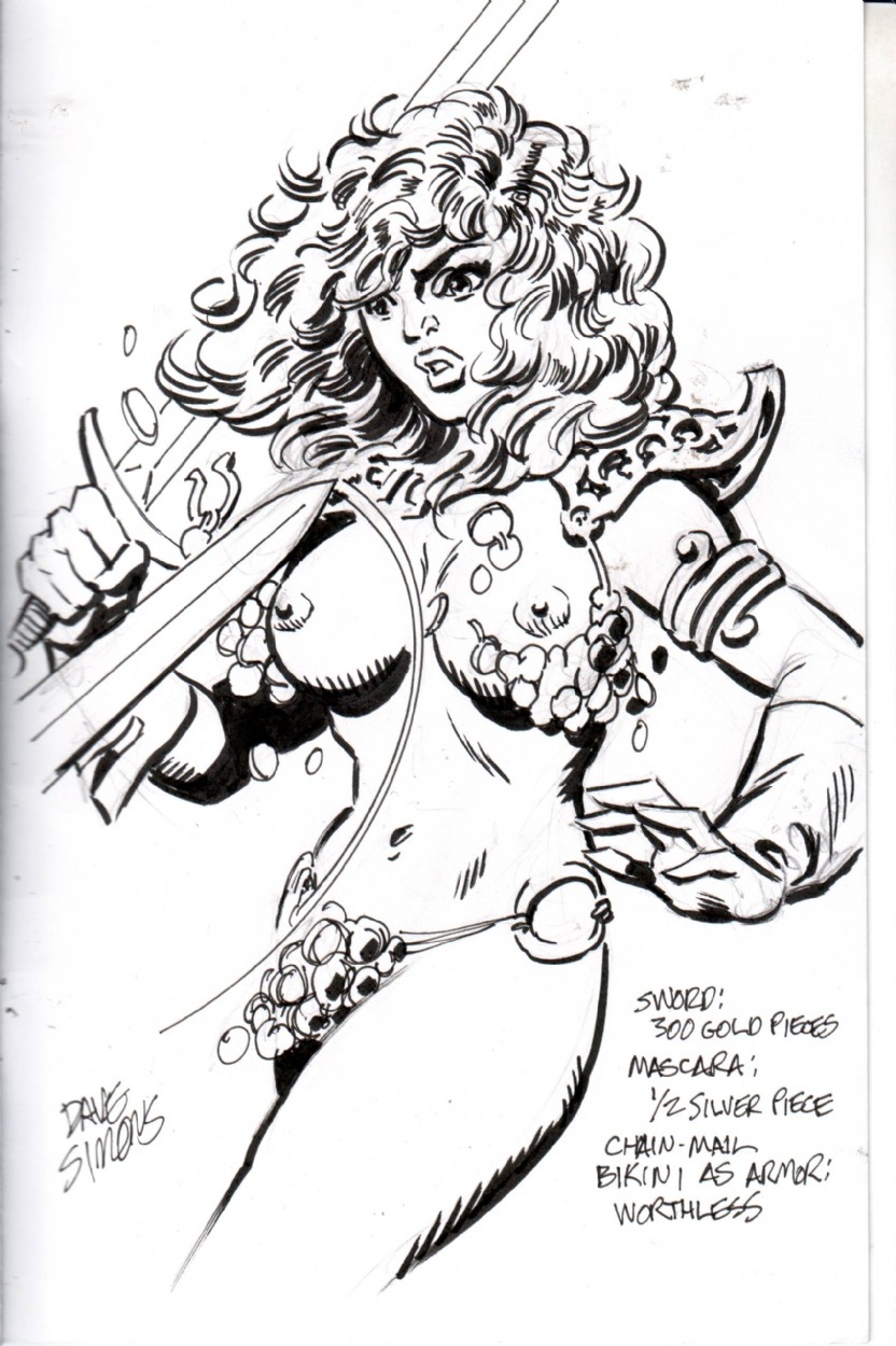 1girls 5_fingers areola armlet armor artist_name bikini_armor breasts chainmail chainmail_bikini dave_simons english english_text exposed_breasts exposed_nipples female female_only gloves hair holding_object holding_weapon human human_only long_hair marvel marvel_comics monochrome navel nipples nudity red_sonja red_sonja_(comics) rule34 shoulder_pads signature solo sword tagme text uncensored weapon