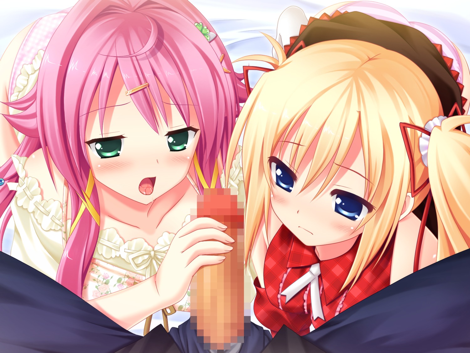 awashima_akane blonde_hair blue_eyes blush censored female game_cg green_eyes makita_maki male mecha-con! narusawa_sora penis pink_hair rule34 sawatari_saki tied_hair twintails