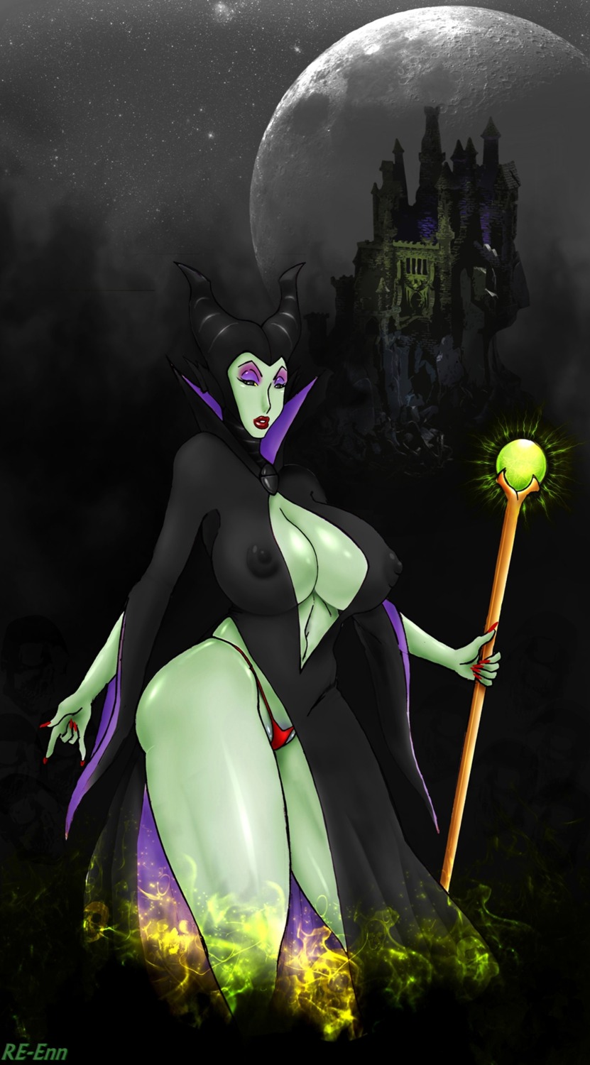 1girls big_breasts breasts castle cleavage disney disney_villains female green_skin maleficent moon night nipples re-enn rule34 sleeping_beauty_(1959_film) solo thong witch