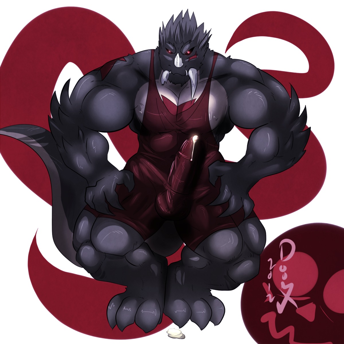 1:1 3_toes abs anthro biceps big_muscles biped black_sclera bodily_fluids bulge clothing cum cum_drip detailed_bulge doomix dragon dripping e621 fangs feet genital_fluids genital_outline grey_body hi_res looking_at_viewer male muscular muscular_anthro muscular_male mythological_creature mythological_scalie mythology pecs penis_outline red_eyes scalie solo spikes standing tail teeth tight_clothing toes tusks wrestling_singlet