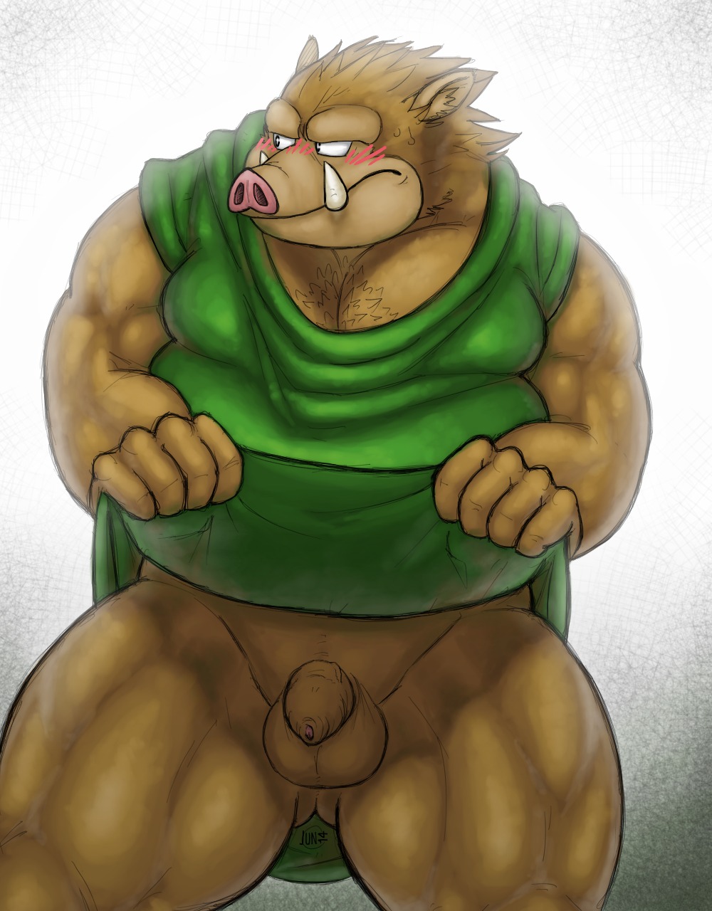 2014 anthro balls biceps blush butt clothed clothing dragon_quest e621 exhibitionism fb1907 flaccid flasher flashing foreskin genitals hi_res humanoid_genitalia humanoid_penis long_foreskin male mammal monster musclegut muscular muscular_anthro muscular_male orc_(dragon_quest) overweight partially_clothed penis shirt slightly_chubby solo square_enix suid suine sus_(pig) topwear tunic unretracted_foreskin wild_boar