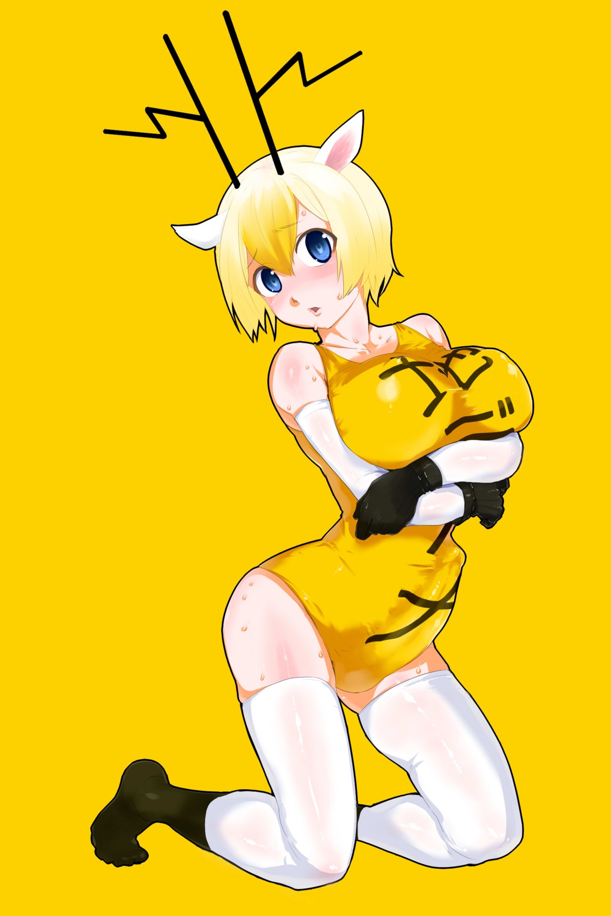 1futa animal_ear black_socks blonde_hair blue_eyes blush breast_squeeze breasts bulge cameltail chidejika elbow_gloves footwear futa_only futanari gloves highres horns huge_breasts intersex knee_socks kneehighs kneeling kneesocks latex latex_gloves nab one-piece_swimsuit rule34 school_swimsuit scotch short_hair socks solo solo_futa sweat swimsuit thigh_socks thighhighs two_socks_on white_legwear white_socks white_thighhighs yellow_background