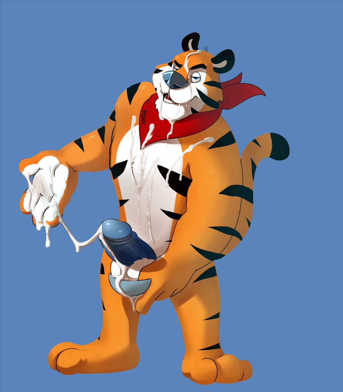 after_masturbation anthro balls big_penis blue_penis bodily_fluids countershading cum cum_on_face cum_on_own_face cum_on_self e621 erection felid frosted_flakes genital_fluids genitals hi_res kellogg's korichi male mammal mascot nude pantherine penis simple_background solo tiger tony_the_tiger