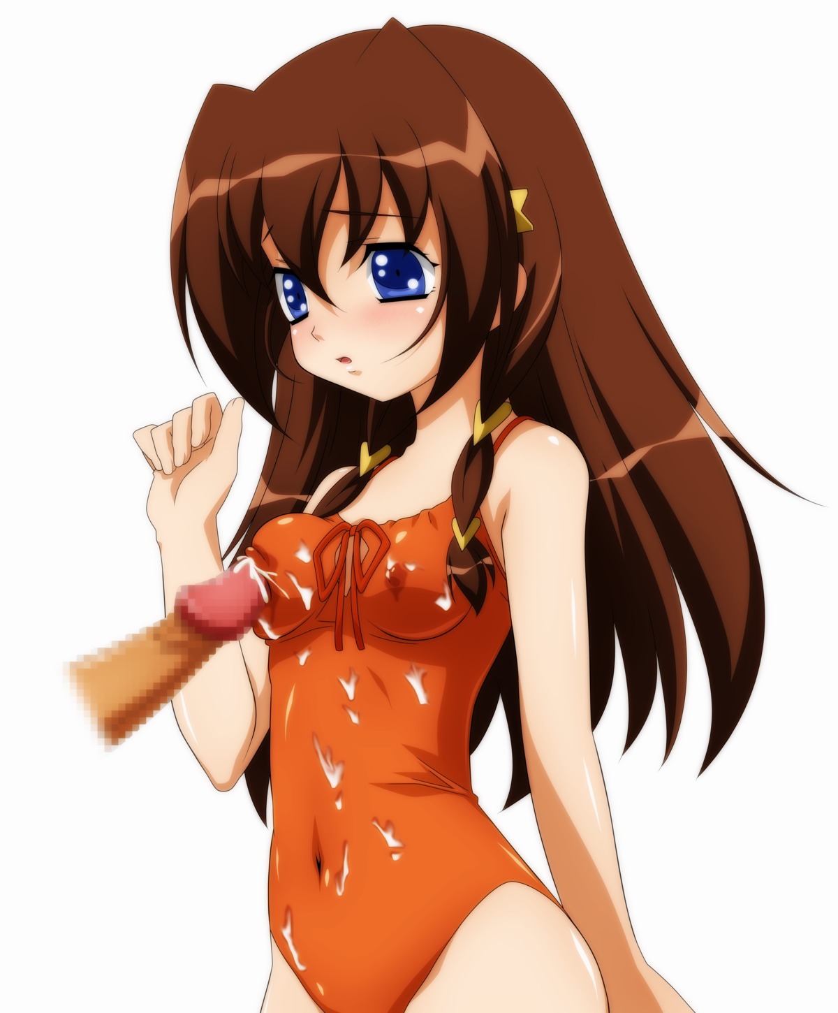 blue_eyes blush breast_poke breasts brown_hair casual_one-piece_swimsuit censored cum cum_on_clothes erect_nipples female highres magic_penis male navel nipple_frottage nipple_tweak nipples one-piece_swimsuit penis penis_poking_breast penis_poking_nipple poke precum rule34 simple_background sugimura_tomokazu swimsuit tachibana_ichika utakata