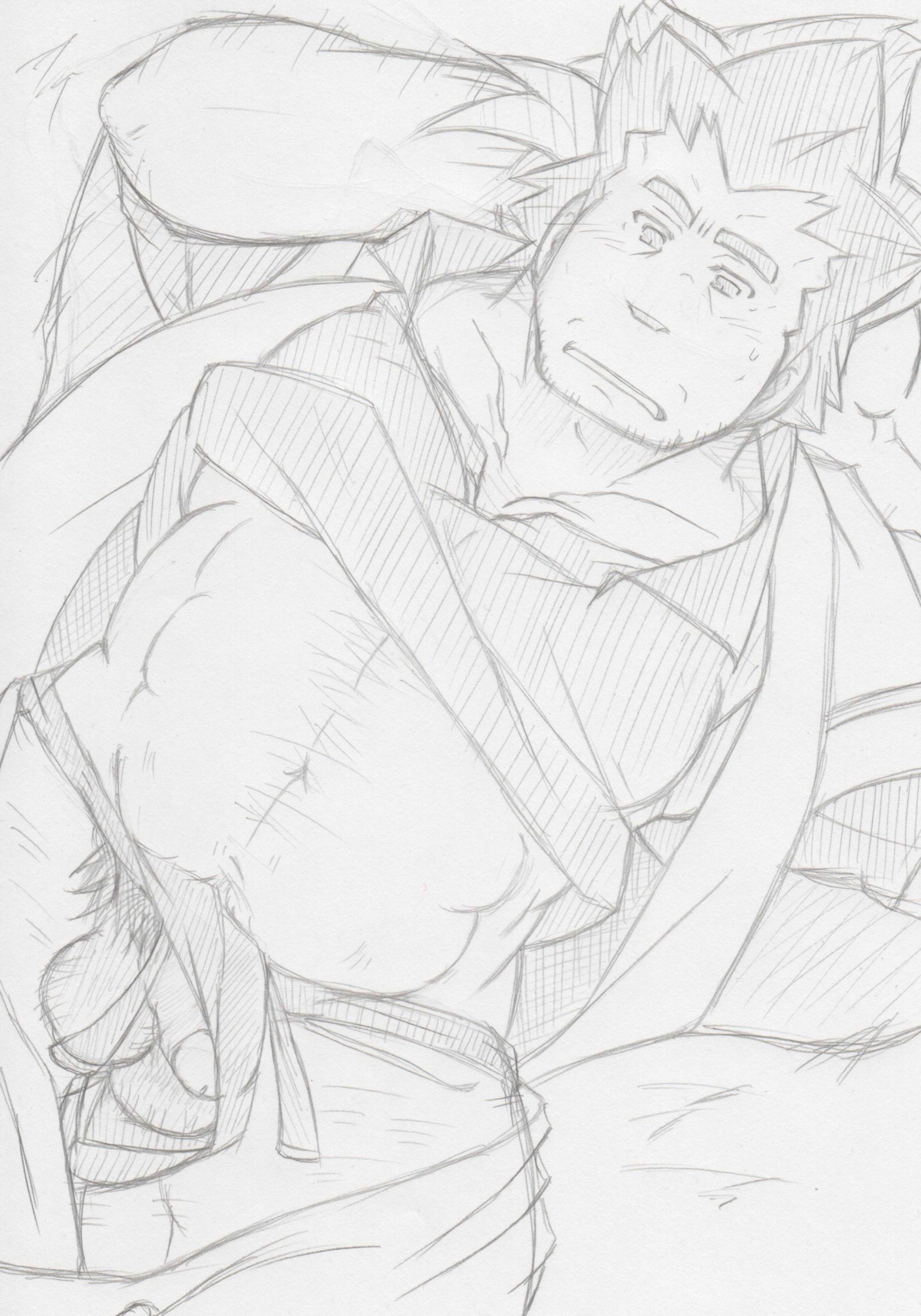 1boy alder chest_hair clothed clothing front_view greyscale human male male_only monochrome pokemon pokemon_bw pubic_hair rule34 solo