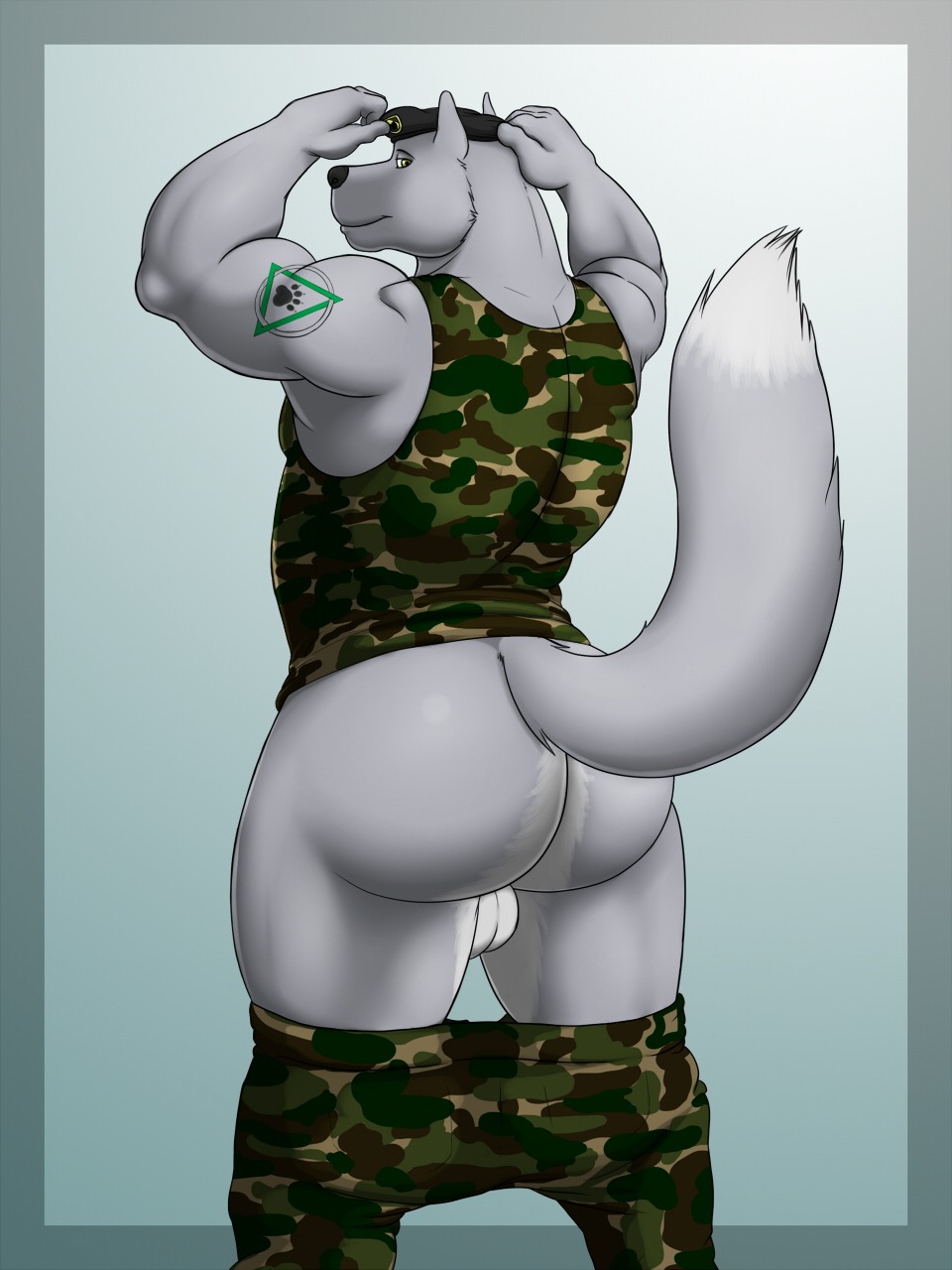 2012 3:4 anthro backsack balls biceps big_butt big_muscles biped black_nose bottomwear bottomwear_down butt camo canid canine canis clothed clothing e621 fur genitals grey_body grey_fur hat headgear headwear hi_res looking_at_viewer looking_back male mammal military muscular muscular_anthro muscular_male pants pants_down partially_clothed rear_view simple_background solo standing tattoo undressing vamplust wolf