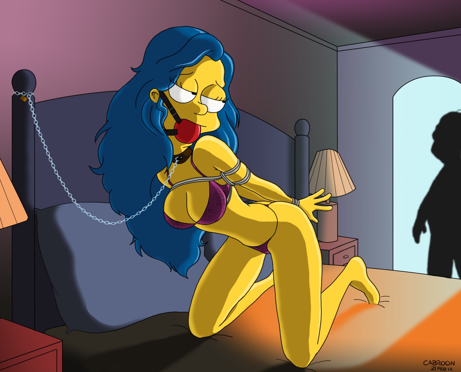 arms_behind_back ball_gag bed bedroom bondage bra cabroon chain collar female gag gagged human kneeling leash lingerie male marge_simpson panties rule34 tagme the_simpsons underwear