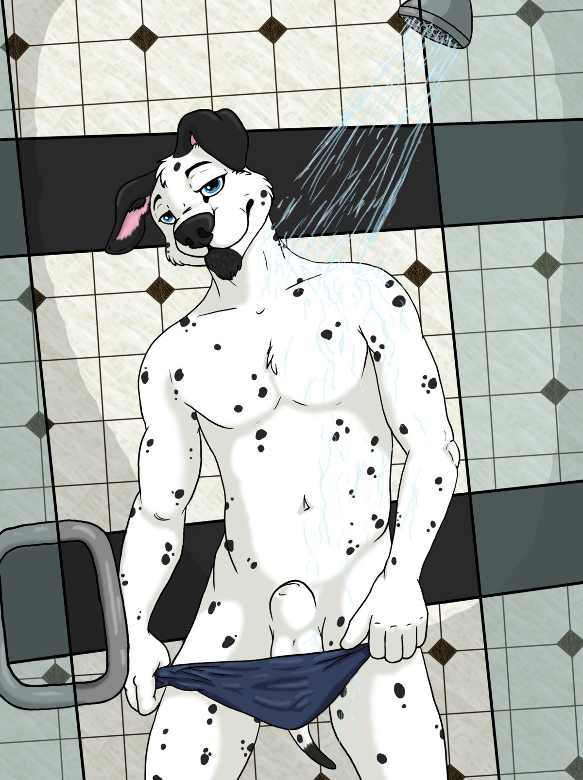 2014 5_fingers absurd_res animal_genitalia anthro balls blue_clothing blue_eyes blue_underwear boscoe briefs canid canine canis clothing dalmatian domestic_dog e621 facial_hair fingers fully_sheathed fur genitals goatee half-closed_eyes hi_res looking_at_viewer male mammal mixer_(mixer1981) narrowed_eyes navel sheath shower shower_head smile solo spots standing underwear undressing water wet white_body white_fur