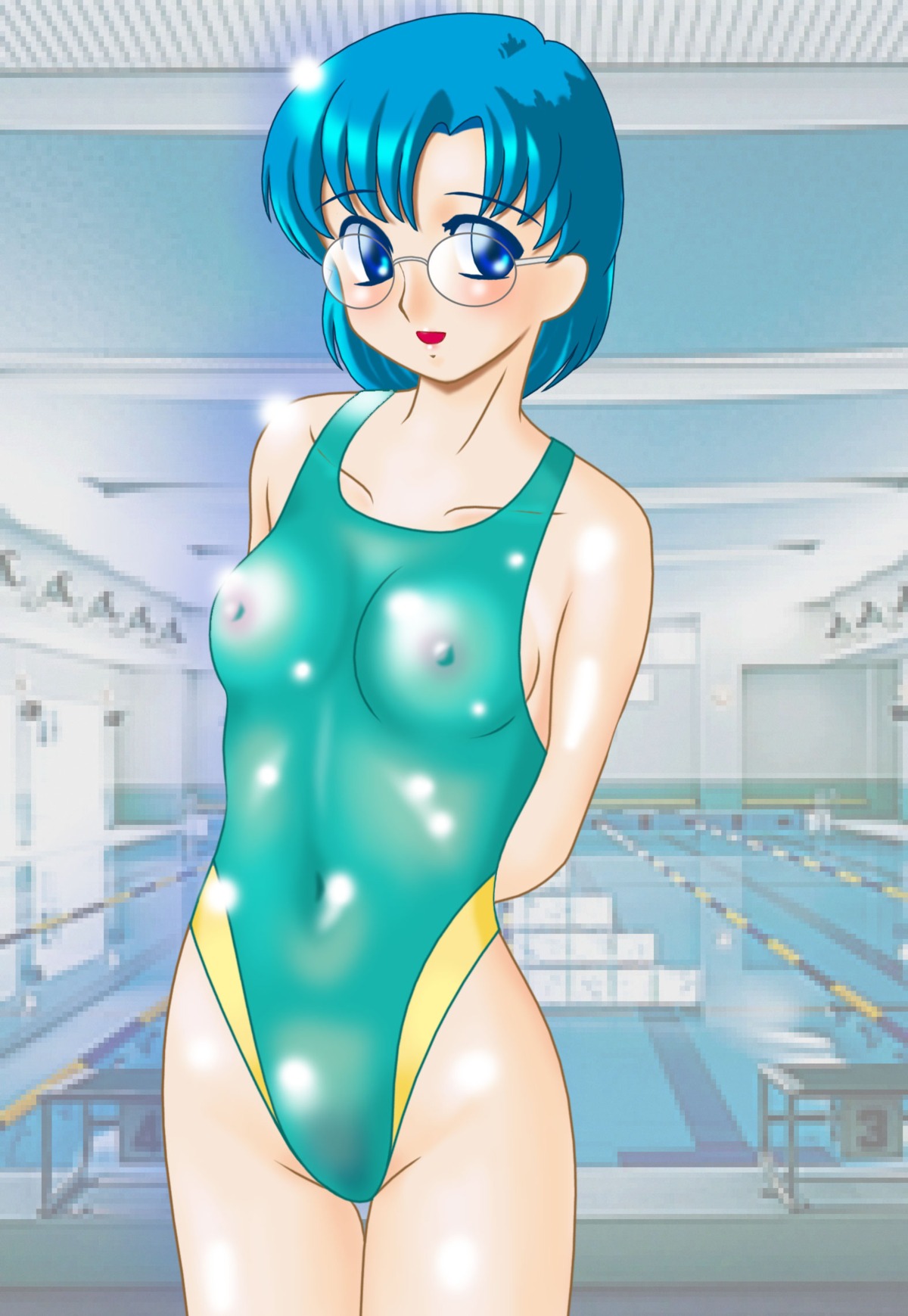 ami_mizuno arms_behind_back bishoujo_senshi_sailor_moon breasts clothing female female_only front_view glasses human indoors one-piece_swimsuit one_piece_swimsuit pale_skin red103 rule34 small_breasts solo standing swimsuit tagme