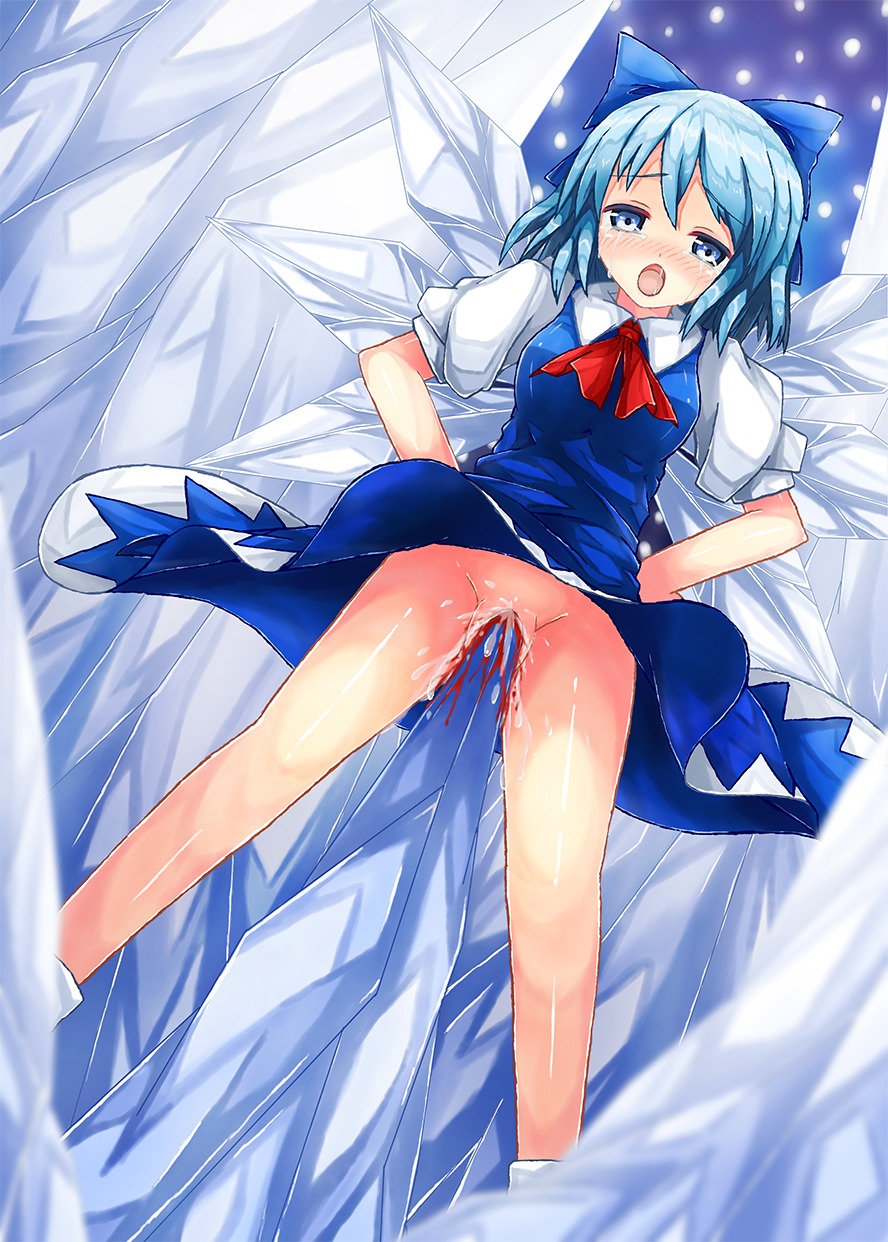 90i blood blue_eyes blue_hair bow cirno crying dress fairy female female_ejaculation gore guro hands_on_hips highres ice impaled impalement orgasm pussy pussy_juice rule34 spike tear touhou uncensored virgin wings