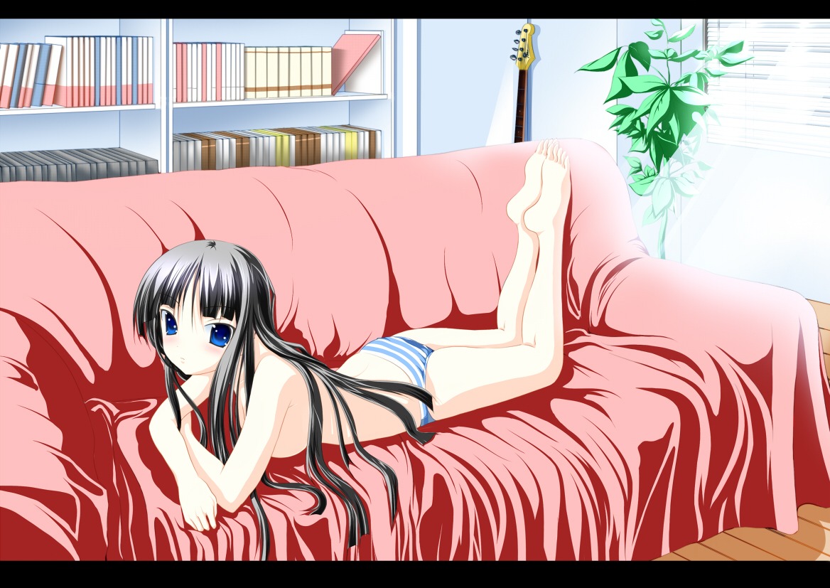 black_hair blue_eyes feet female female_only human human_only k-on! long_hair mio_akiyama_(k-on!) panties rule34 shimapan solo striped striped_panties topless