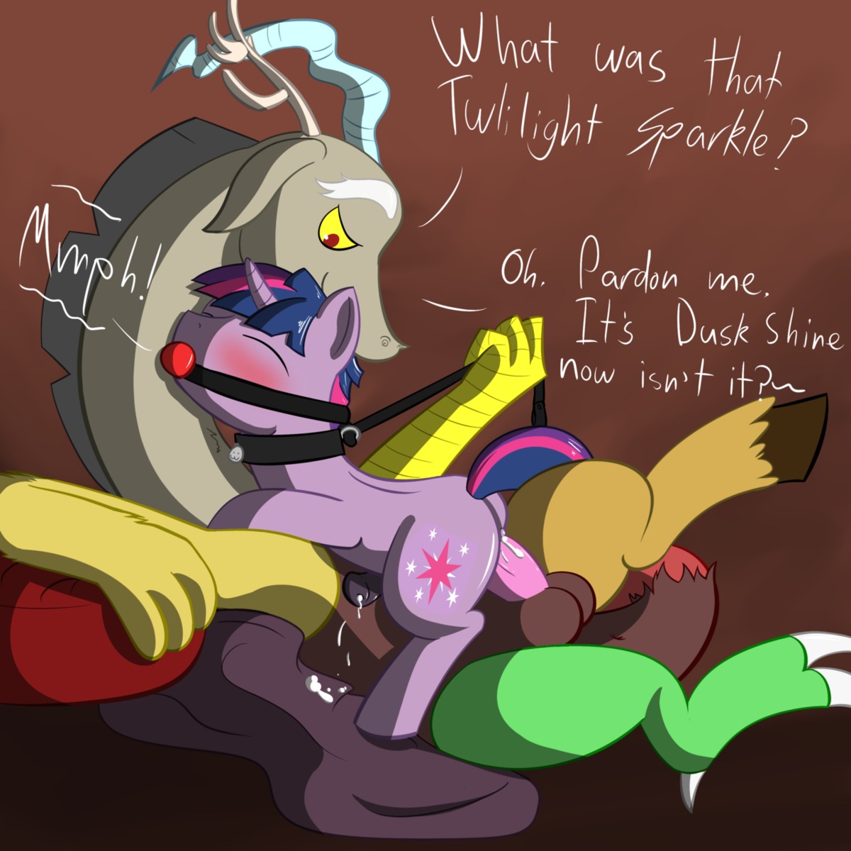 1:1 2012 anal anal_penetration anthro anthro_on_feral anthro_penetrating anthro_penetrating_feral ball_gag balls bestiality blush bodily_fluids chimera collar crossgender dialogue discord_(mlp) dominant dominant_anthro dominant_male draconequus duo e621 english_text equid equine erection eyes_closed feral feral_penetrated forced friendship_is_magic from_front_position ftm_crossgender fur gag gagged genital_fluids genitals hair hasbro hi_res holding_leash holding_object horn leash leash_pull male male/male male_penetrated male_penetrating male_penetrating_male mammal multicolored_hair my_little_pony mythological_creature mythological_equine mythology nude penetration penile penile_penetration penis penis_in_ass precum purple_body purple_fur purple_hair rape sawsta sex shaded submissive submissive_feral submissive_male tail text twilight_sparkle_(mlp) two_tone_hair unicorn