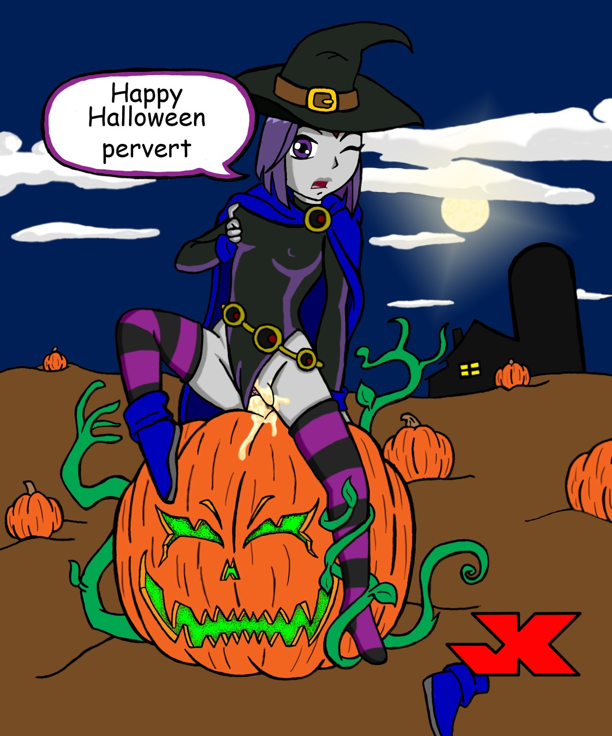 bodysuit_aside cum cum_inside dc dc_comics female halloween jack-o'-lantern jk pumpkin pussy rachel_roth raven_(dc) rule34 straight_hair teen_titans tentacle