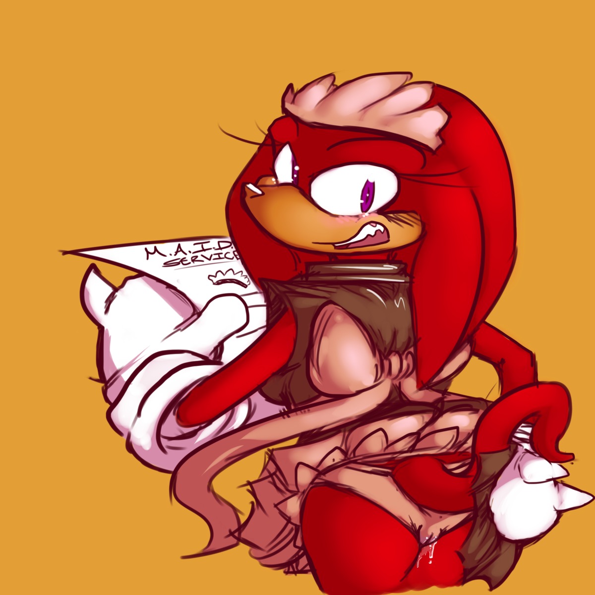 anthro back_view blush bow clothes color echidna female female_only fur furry gloves hair knora_the_echidna knuckles_the_echidna looking_back mel_the_hybrid open_eyes open_mouth purple_eyes pussy pussy_juice red_fur red_hair rule34 rule_63 solo sonic_(series) sonic_the_hedgehog_(series) tail tan_skin