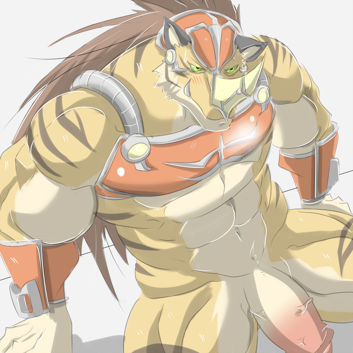 1:1 blush duel_monster e621 felid genitals gladiator gladiator_beast gladiator_beast_laquari green_eyes half-erect hi_res humanoid_genitalia humanoid_penis konami male mammal muscular muscular_male pantherine penis reclamon simple_background sitting solo stripes tiger warrior white_background yu-gi-oh!