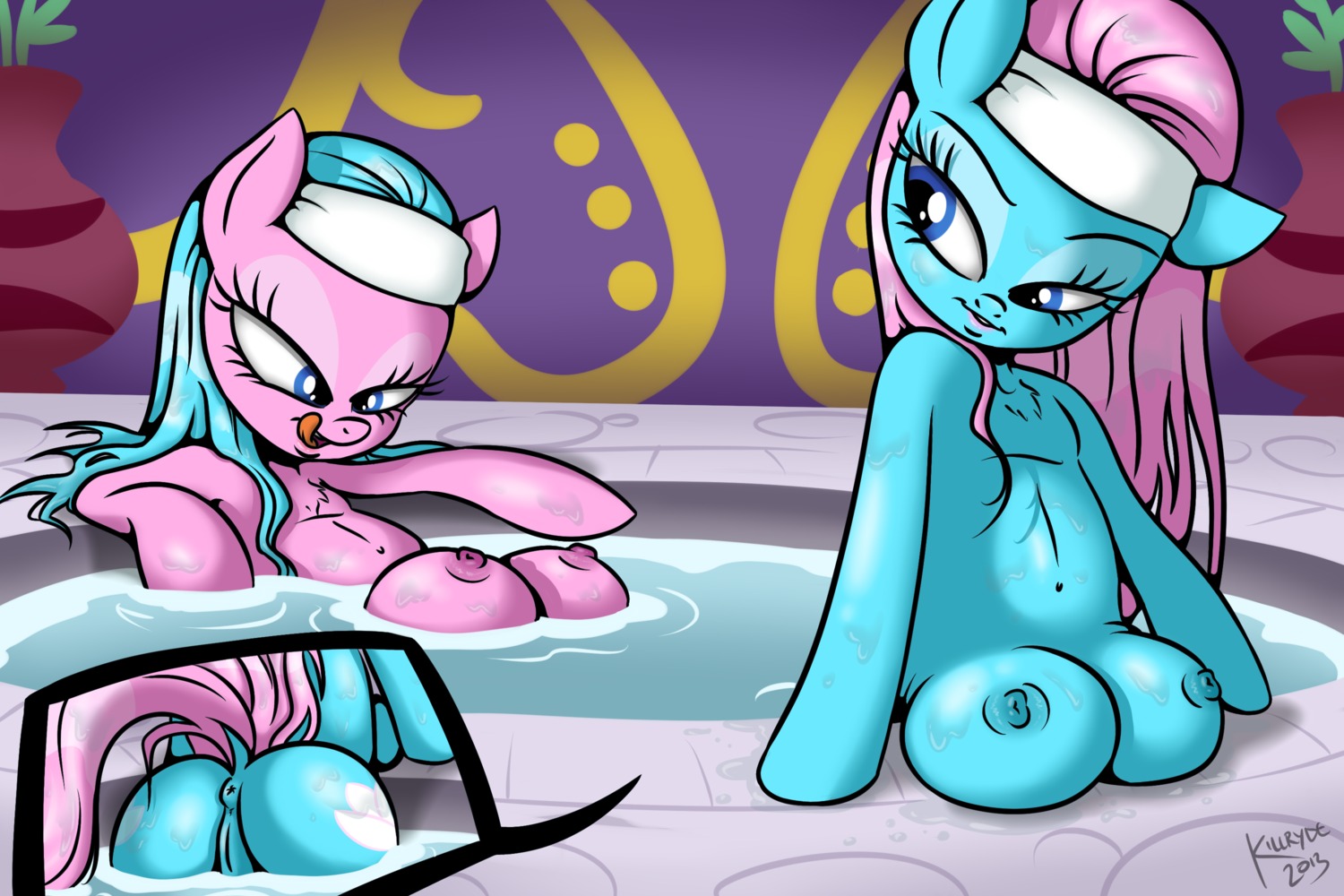 2013 3:2 accessory aloe_(mlp) anus blue_body blue_eyes blue_fur blue_hair breast_rest breasts butt cutie_mark duo e621 earth_pony equid equine female feral friendship_is_magic fur genitals hair hasbro headband hi_res horse killryde licking licking_lips looking_back lotus_(mlp) mammal my_little_pony nipples pink_body pink_fur pink_hair pony self_lick sibling_(lore) sister_(lore) sisters_(lore) teats tongue tongue_out twins_(lore) vulva water
