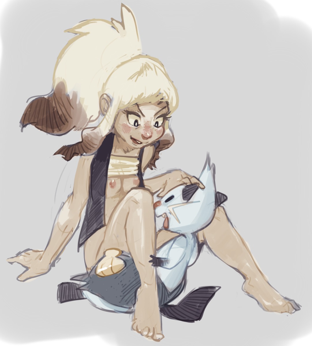 breasts dewott female hilda_(pokemon) open_mouth pokemon pokemon_(species) pokephilia purplekecleon rule34 smile tan_skin white_fur